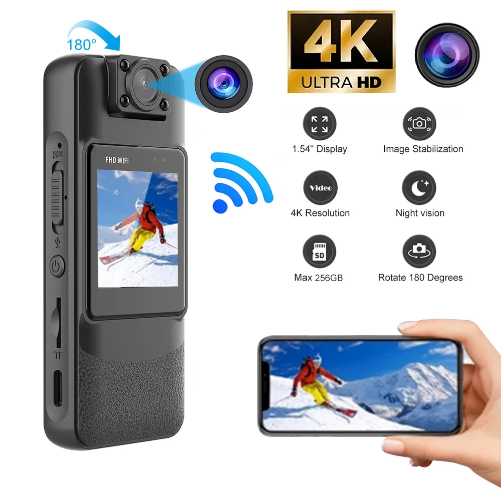 4K HD Mini WiFi Camera Infrared Night Vision Clip-On Body-Worn Camera Suitable for Law Enforcement Recording, Outdoor Activities