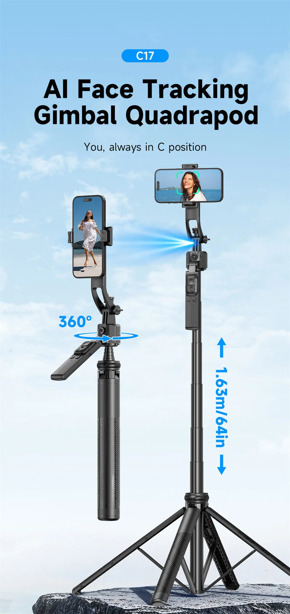 C17 Selfie Tripod for Cell Phone 360°Auto-Rotation AI Tracking Shooting Quadrapod with Remote Control