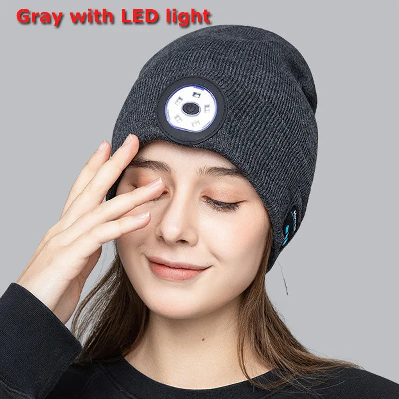 Warm Beanie Bluetooth 5.0 LED Hat Wireless Stereo Headset Music Player with MIC for Handsfree Support Dimming Rechargeable