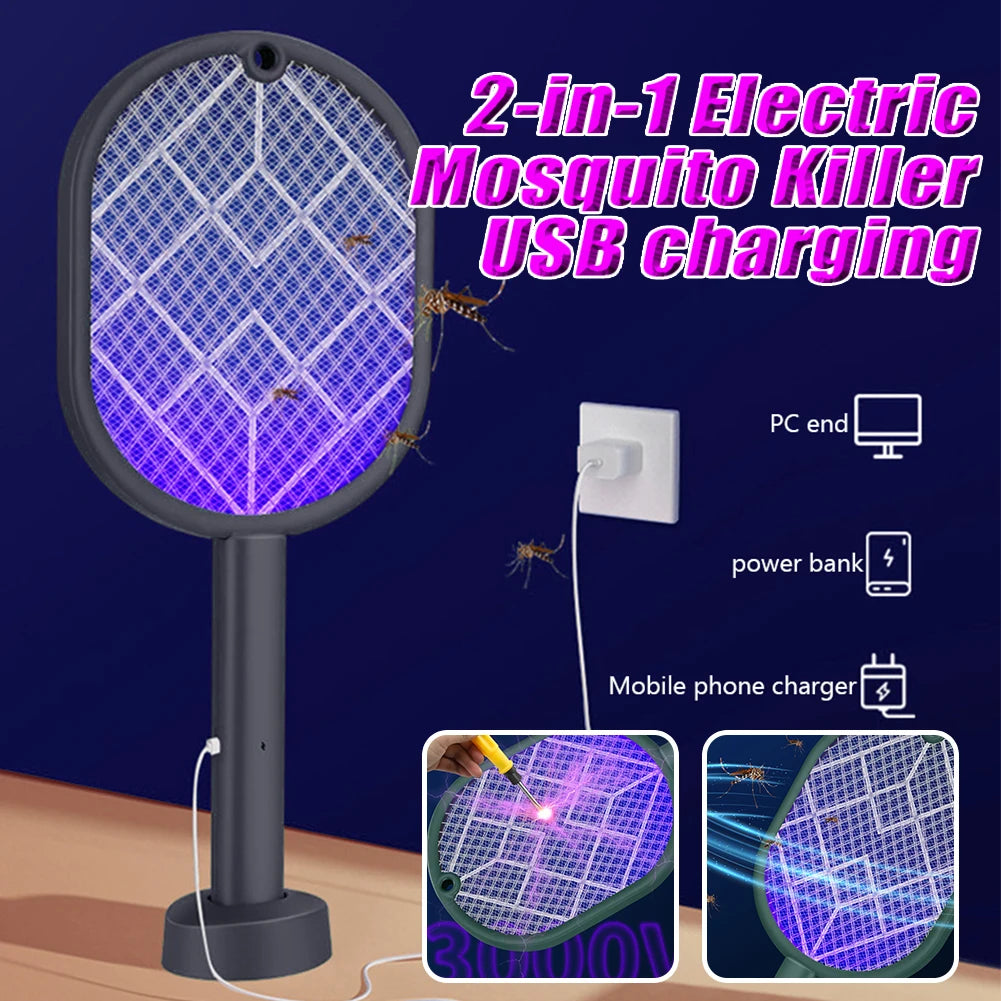 2-in-1 Electric Mosquito Killer Household Mosquito Racket With Purple Killer Lamp USB Charging Rechargeable Bug Fly Swatter