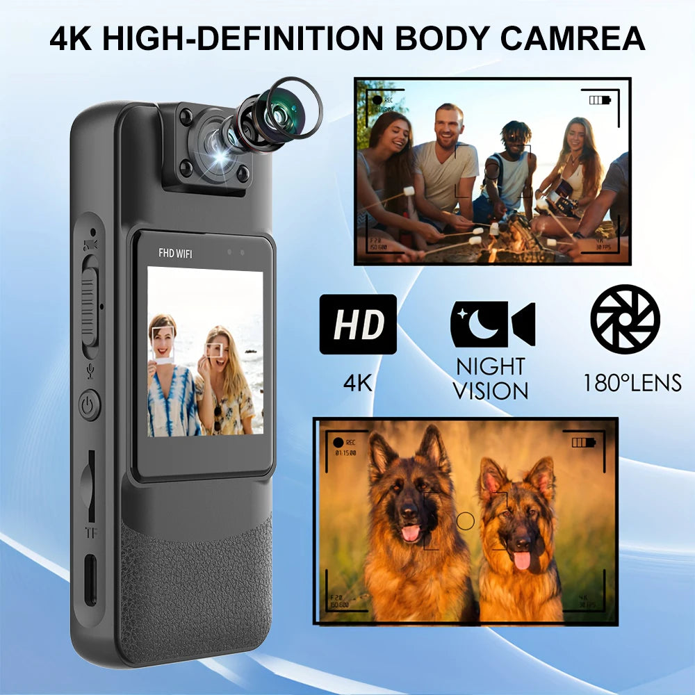 4K HD Mini WiFi Camera Infrared Night Vision Clip-On Body-Worn Camera Suitable for Law Enforcement Recording, Outdoor Activities