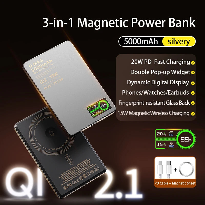 QI 2.1 Magnetic Powerbank Wireless Fast Charing Spare Portable External Battery for iPhone 12-17 Pro Watch Airpods 5000/10000mAh