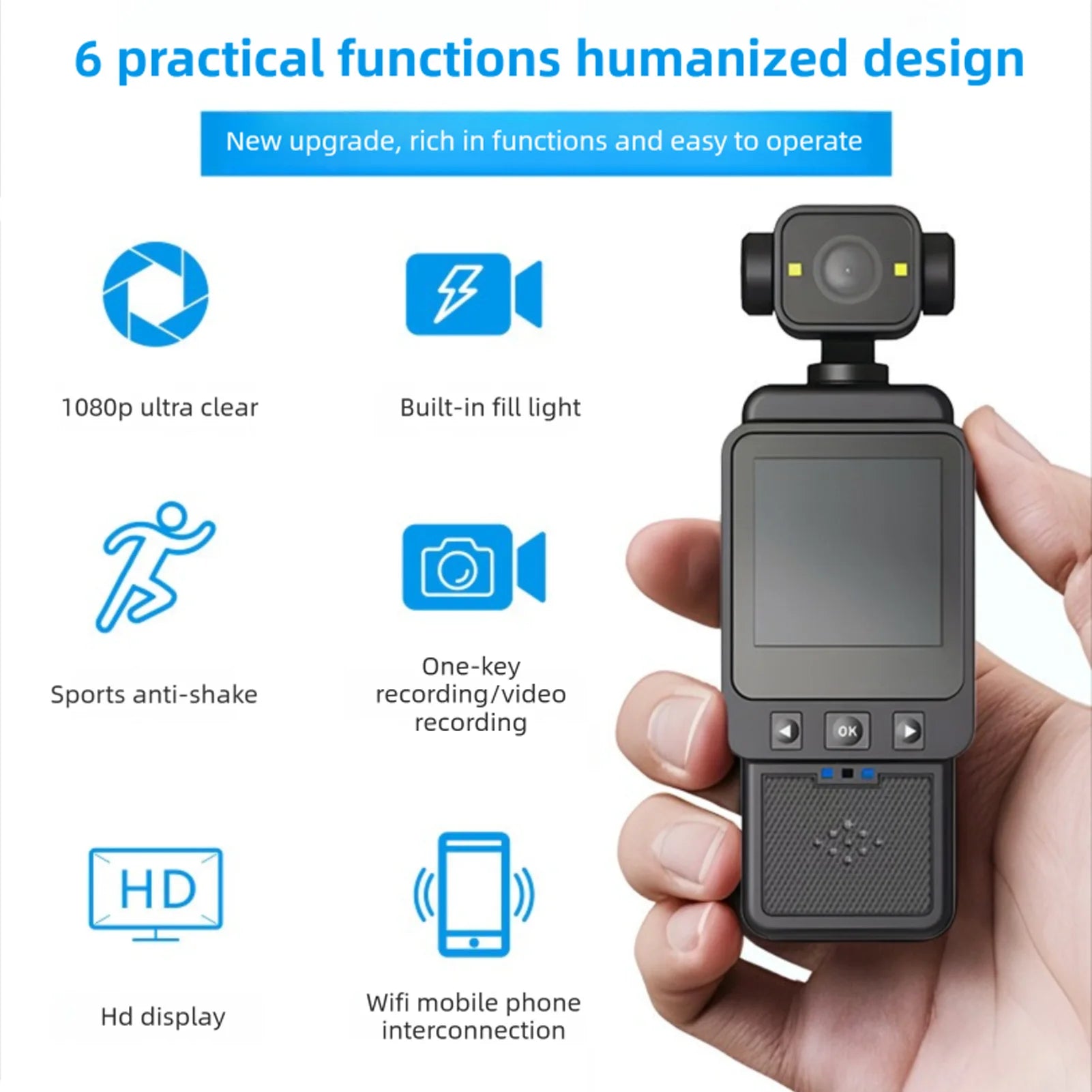 1080P Camera Vlog Camcorder Multi Axis Stabilization 270 Degree and 180 Degree Lens Rotation Multifunctional